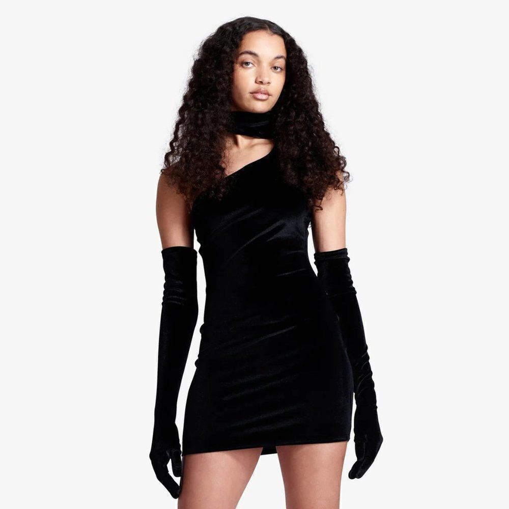 Miscreants Black Velvet Gina One Shoulder Dress W/Gloves. Size 8 (Uk 10). Nwt